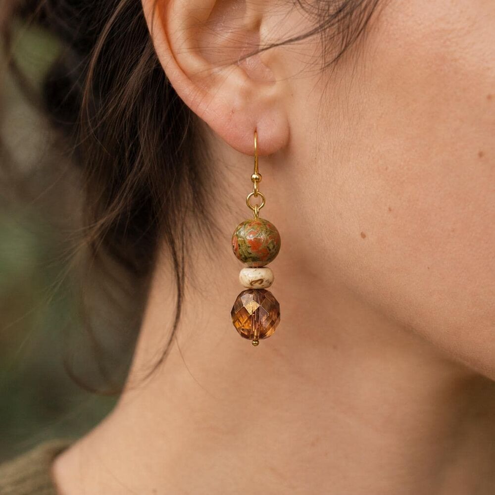 Unakite, Brown Feldspar & Bronze Czech Glass Dangle Earrings